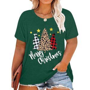 Women Plus Size Christmas Leopard Tree T-Shirt Short Sleeve Holiday Top